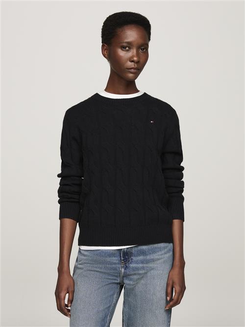 Tommy Hilfiger Soft Wool Cable CNK LS SWT Kvinde Black Langærmede Bluser Str S - hos Magasin