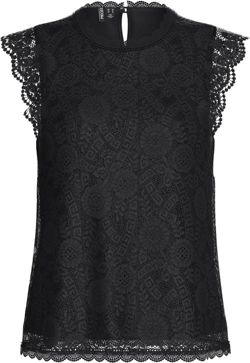 Se Pieces Pcolline SL Lace TOP Noos Kvinde Sort Toppe Regular Fit Str XL - Polyester hos Magasin ved Magasin