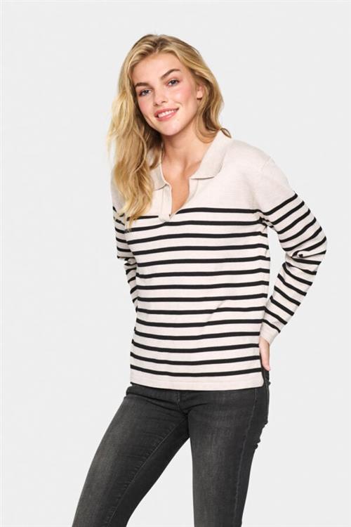 Saint Tropez Milasz Striped Polo Pullover Kvinde Gray Morn Mila Stripe Sweaters Loose Fit Str XS - hos Magasin