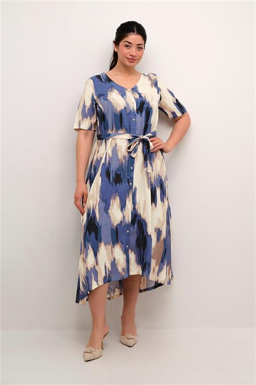 Kaffe Curve Kcbella Dress Kvinde Blue Abstract Print Midi Kjoler Str 48 - hos Magasin