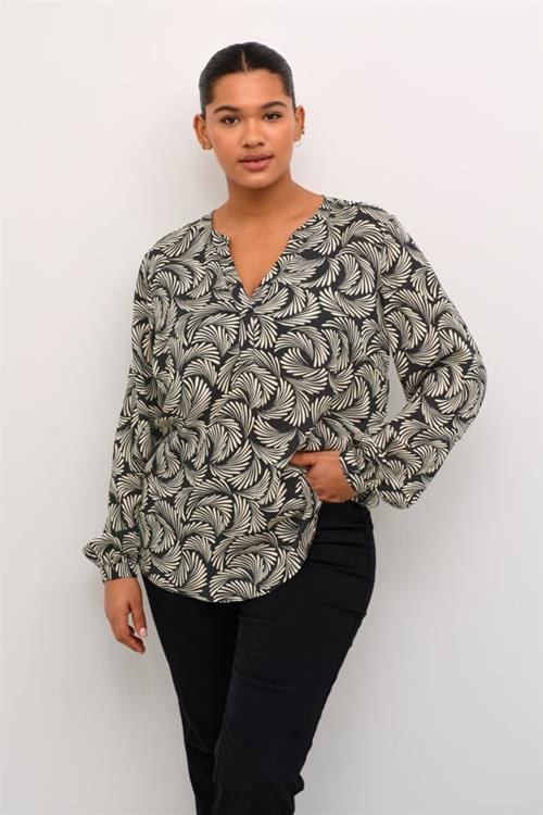 Kaffe Curve Kcmirta Tilly Blouse Kvinde Black Deep/antique White Print Langærmede Bluser Str 46 - hos Magasin