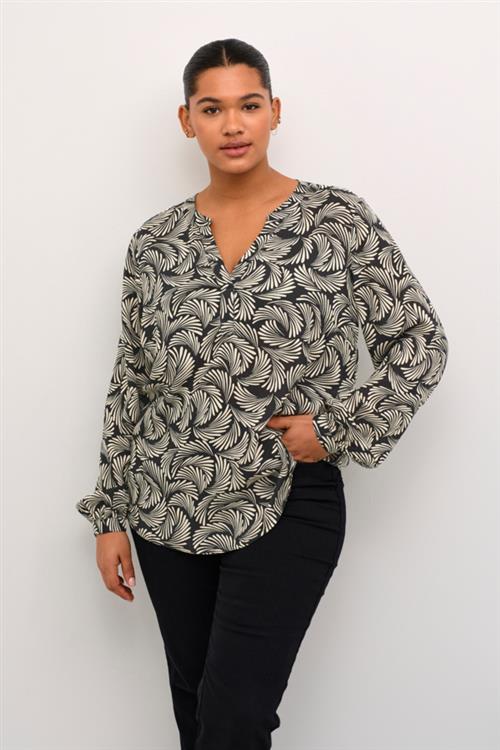 Kaffe Curve Kcmirta Tilly Blouse Kvinde Black Deep/antique White Print Langærmede Bluser Str 54 - hos Magasin