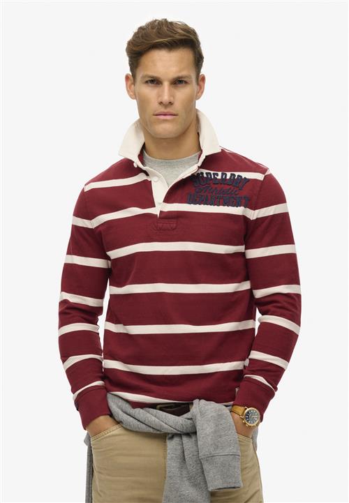 Superdry Vintage Athletic Rugby Mand Rich Burgundy/cream Stripe Langærmede Poloer Str L - hos Magasin