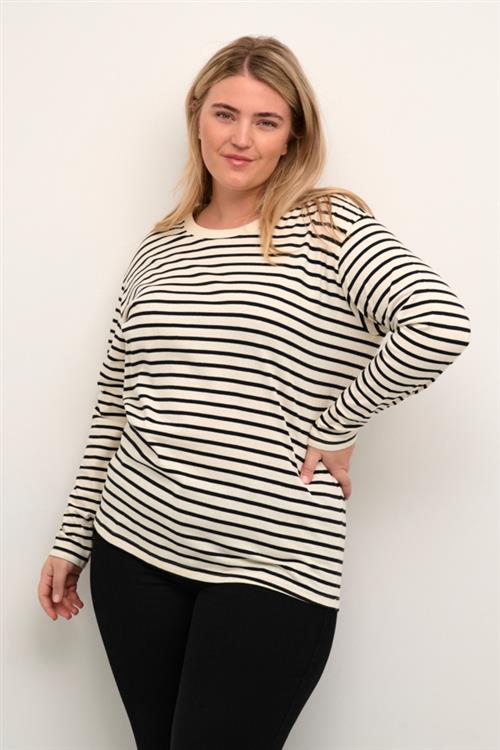 Kaffe Curve Kcwinni LS Tshirt Kvinde Antique White/black Stripe Kortærmede T-shirts Str L - hos Magasin