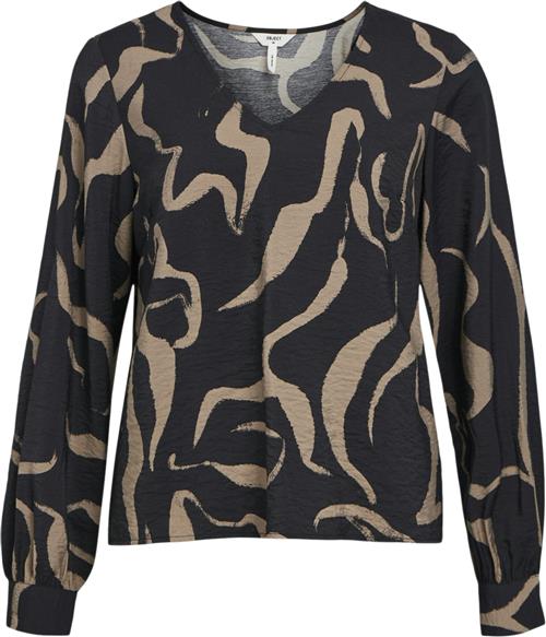 Object Objjacira L/S Vneck TOP Noos Kvinde Black/desert Taupe Abstract Flower Toppe Str 42 - hos Magasin