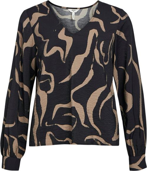 Se Object Objjacira L/S Vneck TOP Noos Kvinde Black/desert Taupe Abstract Flower Toppe Str 36 - hos Magasin ved Magasin