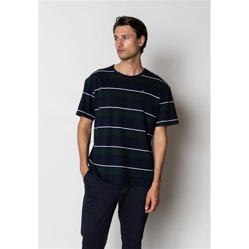 Clean Cut Copenhagen Sigurd Tshirt Mand Navy/deep Green Stripe Kortærmede T-shirts Str S - Bomuld hos Magasin