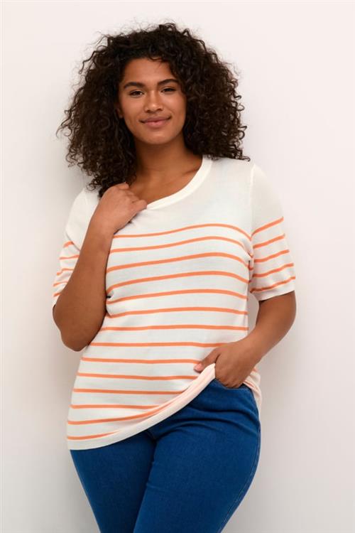 Se Kaffe Curve Kcmalia Narrow Stripe Pullover Kvinde Chalk / Melon Stripe Sweaters Str M - hos Magasin ved Magasin