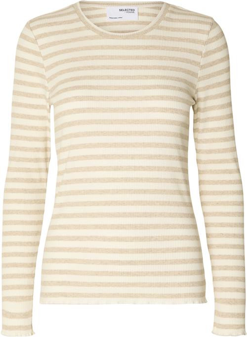 Selected Femme Slfanna LS Crew Neck TEE STR Noos Kvinde Oatmeal/w Snow White Stripes Langærmede T-shirts Regular Fit Str L - hos Magasin