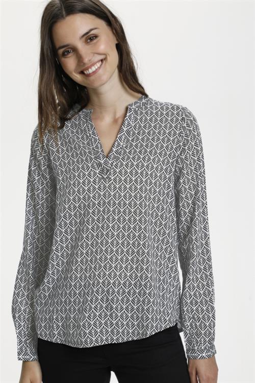 Se Kaffe Kafana Tilly Blouse Kvinde Black / Chalk Fan Print Langærmede Bluser Regular Fit Str 34 - hos Magasin ved Magasin