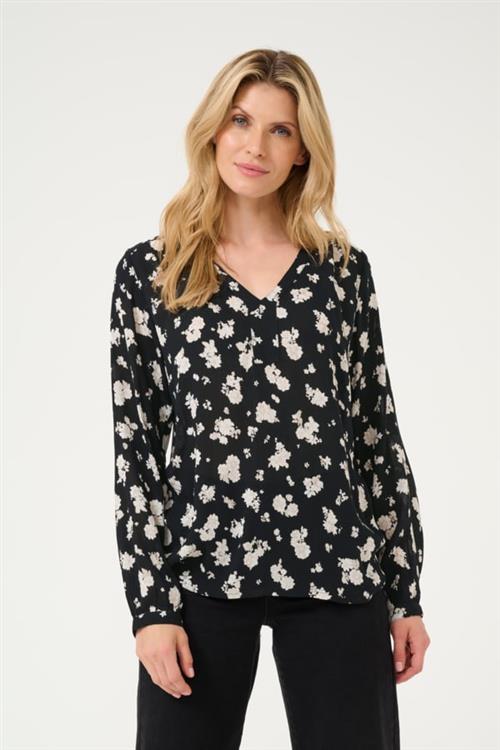 Se Kaffe Kaamber Blouse LS Printed Kvinde Black/white Flower Print Langærmede Bluser Str 38 - hos Magasin ved Magasin