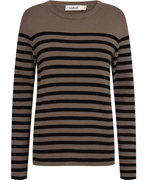 Soaked in Luxury Slpina Striped Tee LS Kvinde Walnut With Black Stripe Sweaters Regular Fit Str S - hos Magasin