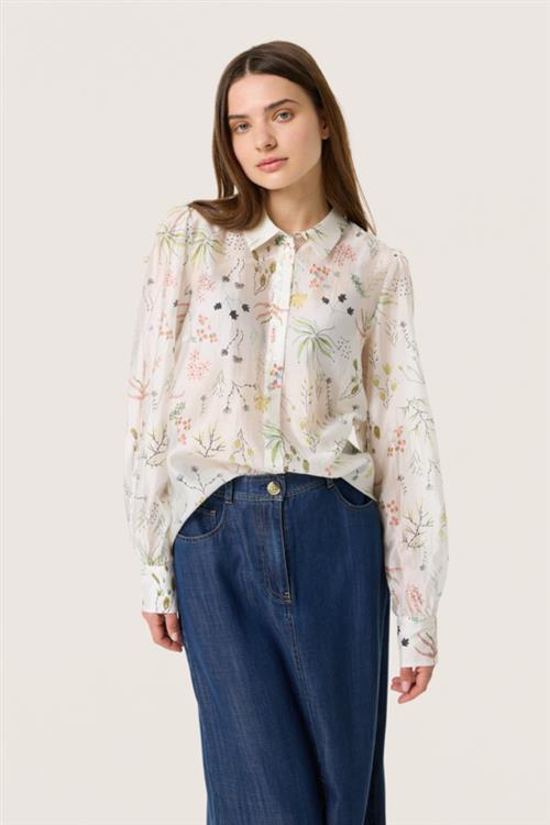 Se Soaked in Luxury Slvenya Paris Shirt LS Kvinde White Botanical Print Langærmede Skjorter Classic Fit Str XS - hos Magasin ved Magasin