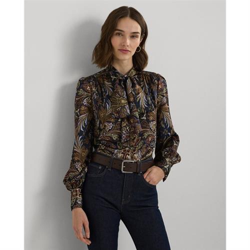 Se Lauren Ralph Lauren Paisley Satin Charmeuse Tieneck Blouse Kvinde Navy Langærmede Skjorter Str L - Polyester hos Magasin ved Magasin