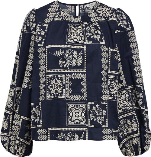 Object Objdicte LO L/S TOP CC1 AW Kvinde Sky Captain/white Sand Embroidery Toppe Str 42 - hos Magasin