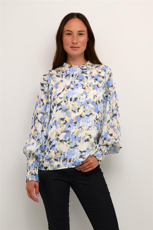 Kaffe Kaeva Shirt Kvinde Blue/yellow Painted Flower Langærmede Bluser Str 40 - hos Magasin