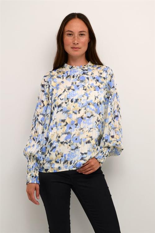 Kaffe Kaeva Shirt Kvinde Blue/yellow Painted Flower Langærmede Bluser Str 42 - hos Magasin