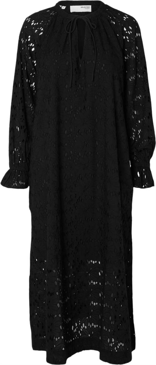 Selected Femme Slfsonora LS Ankle Broderi Dress EX Kvinde Sort Midi Kjoler Regular Fit Str 40 - Bomuld hos Magasin