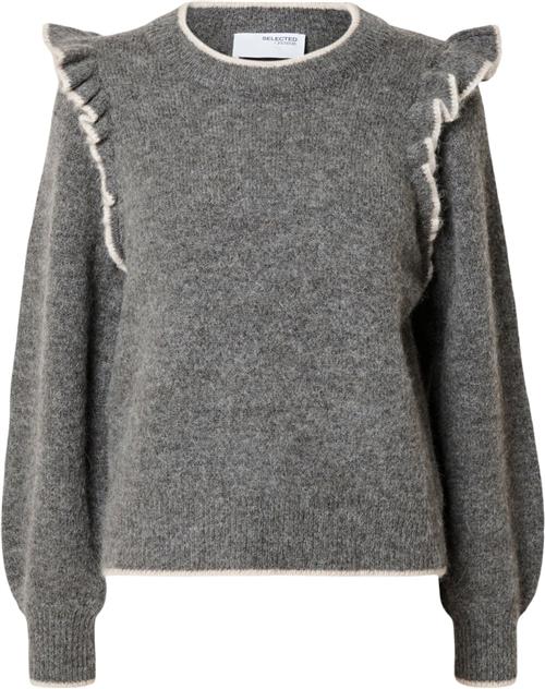 Selected Femme Slfalva Frills LS Knit Oneck Kvinde Grå Sweaters Str L - hos Magasin