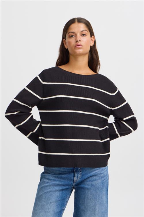 ICHI Ihboston LS6 Kvinde Meteorite Almond Milk Stripe Sweaters Loose Fit Str S - hos Magasin