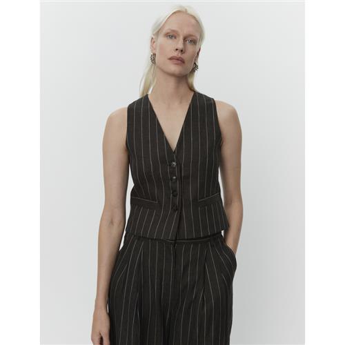 DAY Birger et Mikkelsen Frida Casual Linen Stripe Kvinde Chocolate Brown Veste Str 40 - hos Magasin