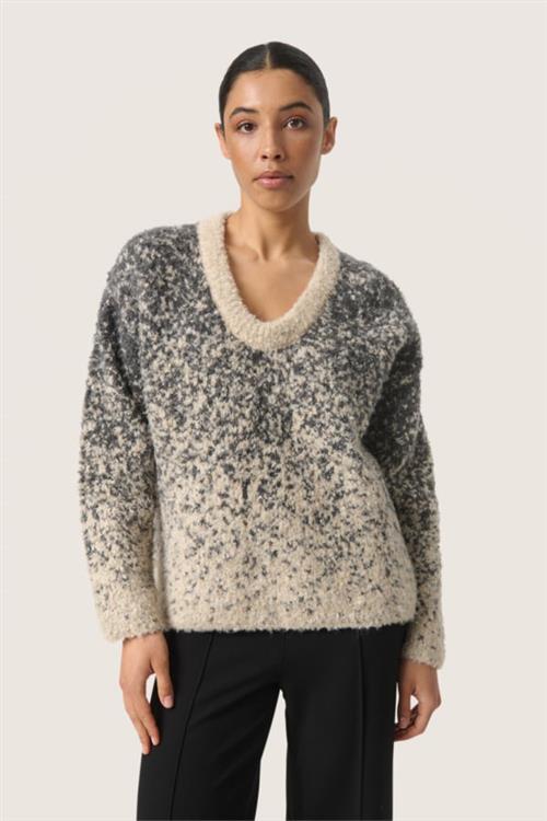 Soaked in Luxury Slvenessa Pullover Kvinde Oatmeal And Grey Jaquard Sweaters Loose Fit Str S - hos Magasin