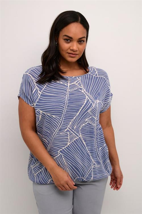 Kaffe Curve Kcami Stanley Printed Kvinde Indigo Blue/turtledove Leaf Kortærmede Bluser Str 46 - hos Magasin