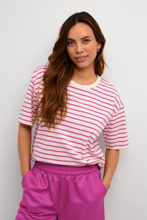 Kaffe Kawinny 1/2 Sleeve Tshirt Kvinde Ant. White/fuchsia Stripe Kortærmede T-shirts Str L - hos Magasin