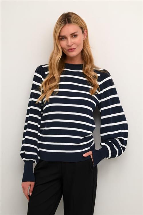 Kaffe Kamala Stripe Knit Pullover Kvinde Midnight Marine / Chalk Stripe Langærmede Bluser Str L - hos Magasin