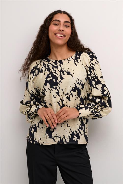 Kaffe Kalouise Blouse Kvinde Black/sand Graphic Cloud Langærmede Bluser Str 40 - hos Magasin