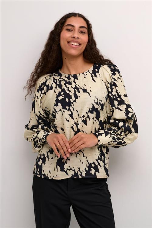 Kaffe Kalouise Blouse Kvinde Black/sand Graphic Cloud Langærmede Bluser Str 38 - hos Magasin