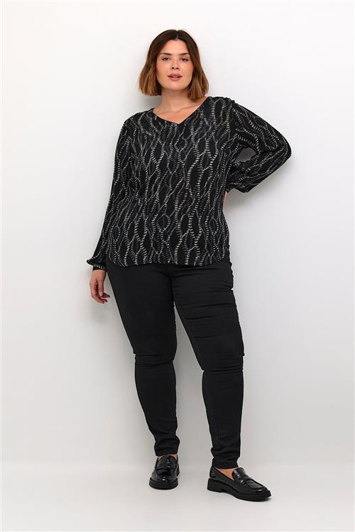 Se Kaffe Curve Kcami LS Blouse Printed Kvinde Black/grey Graphic Simili Langærmede Bluser Str 44 - hos Magasin ved Magasin