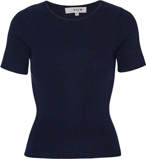 A-VIEW Rib Knit Short Sleeve top Kvinde Navy Kortærmet Strik Tight Fit Str M - hos Magasin