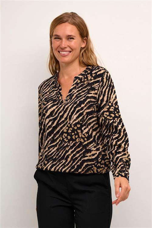 Kaffe Kaditte Blouse Kvinde Black And Brown Animal Print Langærmede Bluser Str 42 - hos Magasin