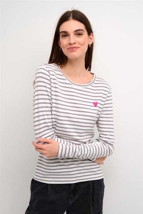 Kaffe Liddy Tshirt Kvinde Chalk/grey-fuchsia Heart Langærmede T-shirts Str XL - hos Magasin