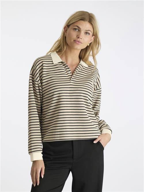 Neo Noir Sara Stripe Polo Blouse Kvinde Sand Langærmede Bluser Str 34 - hos Magasin