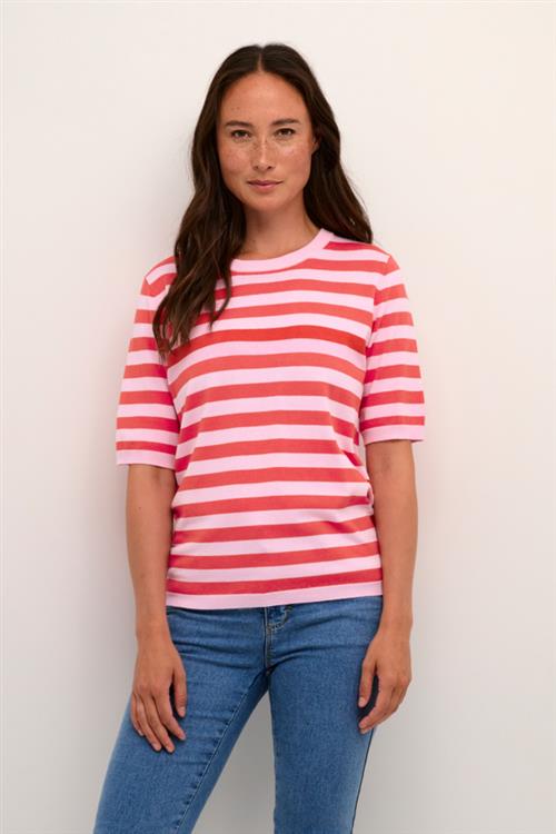 Kaffe Kamala Striped Knit Kvinde Pink Mist/cayenne Stripe Kortærmede T-shirts Str XS - hos Magasin