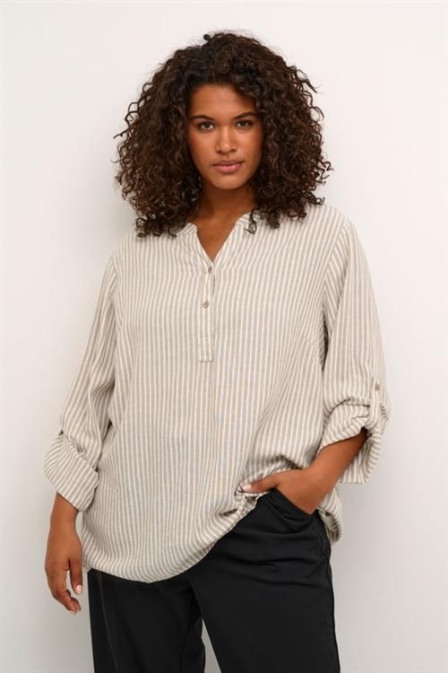 Kaffe Curve Kcmille Blouse Kvinde Chinchilla/chalk Stripe Langærmede Bluser Str 44 - hos Magasin