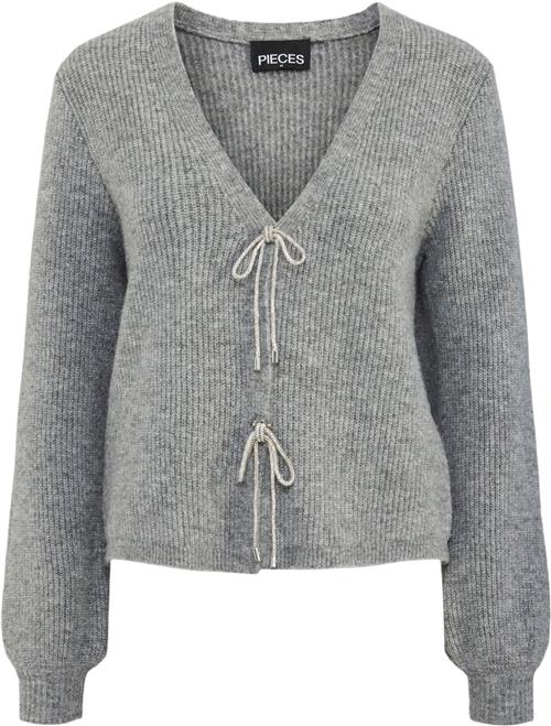 Se Pieces Pcanna Glitter BOW Vneck Cardigan Kvinde Medium Grey Melange/silver Glitter Cardigans Str S - hos Magasin ved Magasin