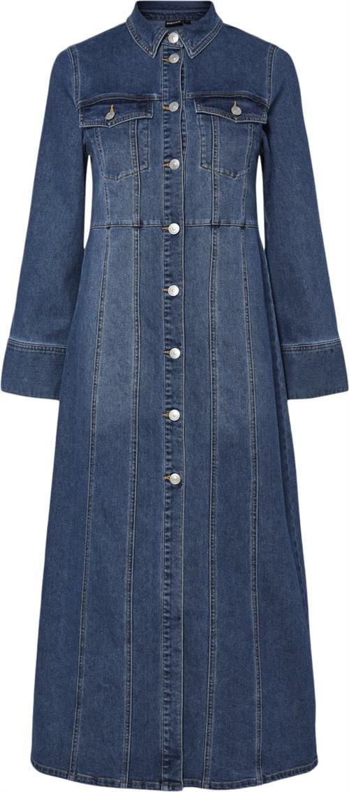 Pieces Pcfemma LS Long Denim Dress D2D FSY Kvinde Blå Maxi Kjoler Str XS Denim - hos Magasin