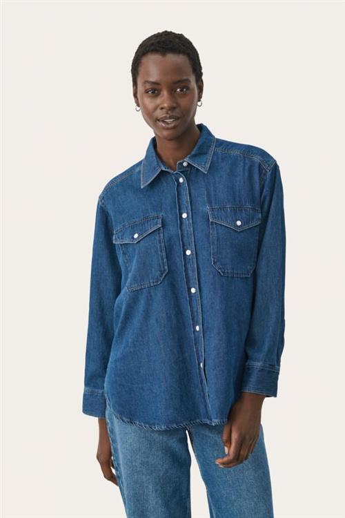 Part Two Collettepw SH Kvinde Medium Blue Denim Langærmede Skjorter Loose Fit Str 38 - hos Magasin