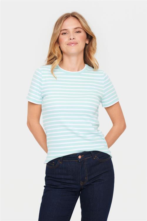 Saint Tropez Astersz SS Stripe Tshirt Kvinde Pastel Turquoise Kortærmede T-shirts Regular Fit Str XL - hos Magasin