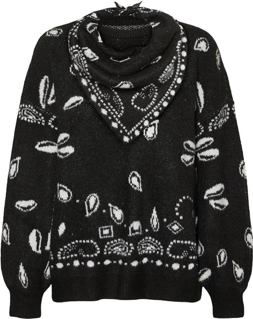 Something New Snanni LS Knit Pullover W. Scarf Kvinde Black/jacquard Sweaters Str S - hos Magasin