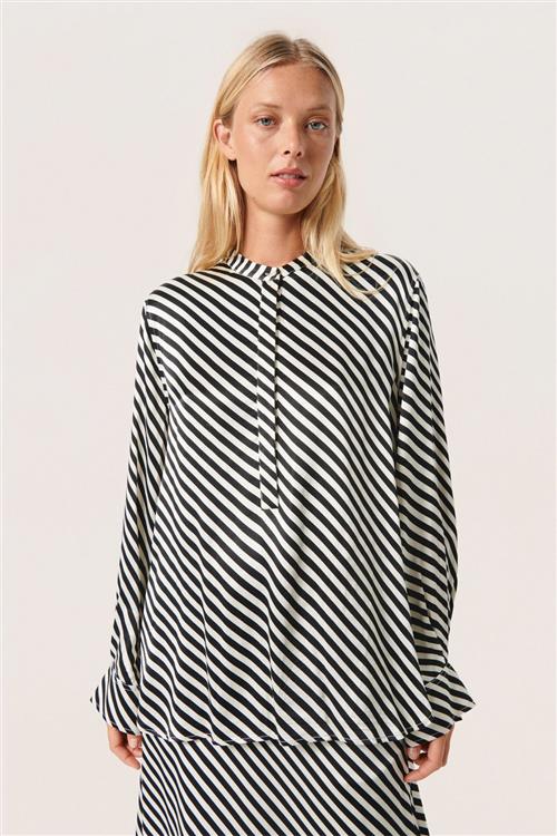 Soaked in Luxury Slsoho Blouse LS Studio Kvinde Black & White Diagonal Stripe Langærmede Bluser Loose Fit Str S - hos Magasin