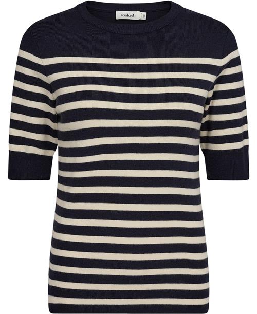 Soaked in Luxury Slpina Striped Tee Kvinde Night Sky With White Stripe Kortærmet Strik Regular Fit Str S - hos Magasin