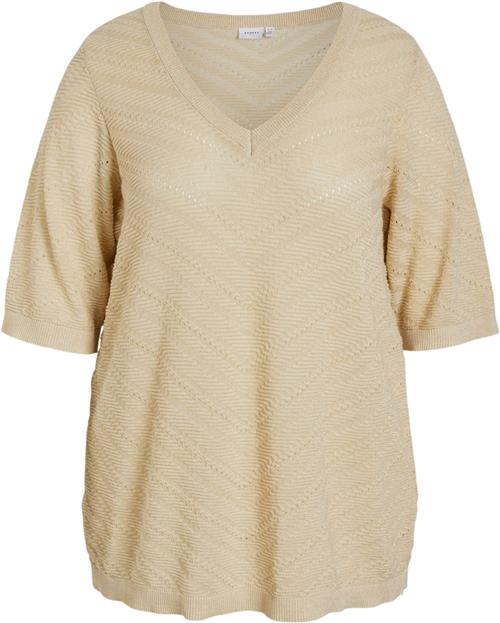 Evoked Vila Viesty Vneck 2/4 Glitter Knit Top/ Kvinde Birch/light Gold Glitter Kortærmede T-shirts Str 46 - hos Magasin