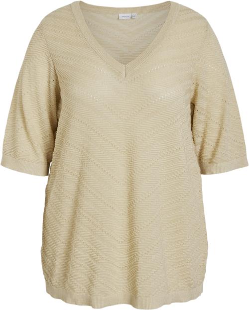 Evoked Vila Viesty Vneck 2/4 Glitter Knit Top/ Kvinde Birch/light Gold Glitter Kortærmede T-shirts Str 52 - hos Magasin