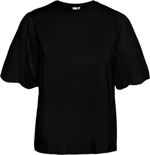 YAS Yaslex SS TOP W. EMB Sleeves S. NOO Kvinde Sort Kortærmede T-shirts Str L - hos Magasin