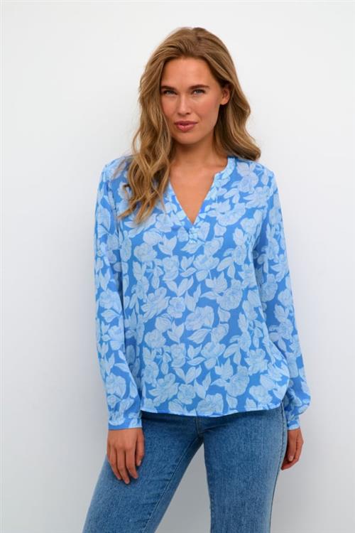 Kaffe Kalisa Blouse Kvinde Large Blue Flower Print Langærmede Bluser Str 46 - Viskose hos Magasin