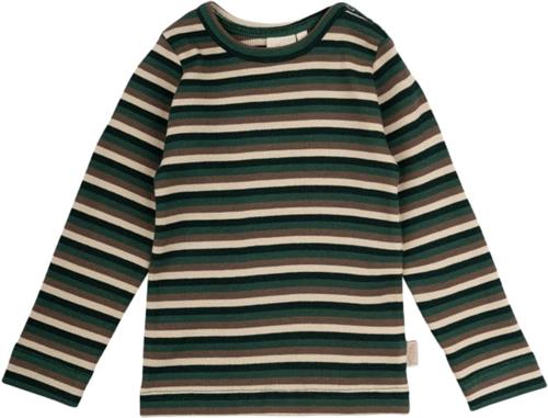 PETIT PIAO Tshirt L/S Modal Multi Striped Str 86 cm - Emerald Green Mul Langærmede T-shirts Bomuld hos Magasin